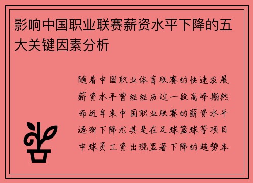 影响中国职业联赛薪资水平下降的五大关键因素分析
