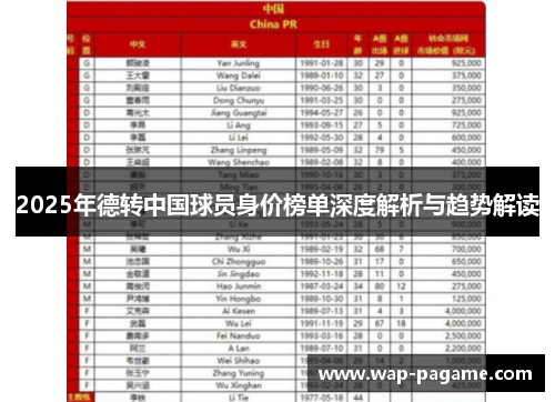 2025年德转中国球员身价榜单深度解析与趋势解读